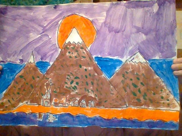 a drawing of mountains and sun