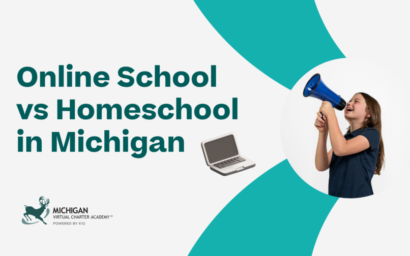 An image with the school logo, text that reads: "Online School vs HomeSchool in Michigan" and a picture of a girl and a laptop illustration.